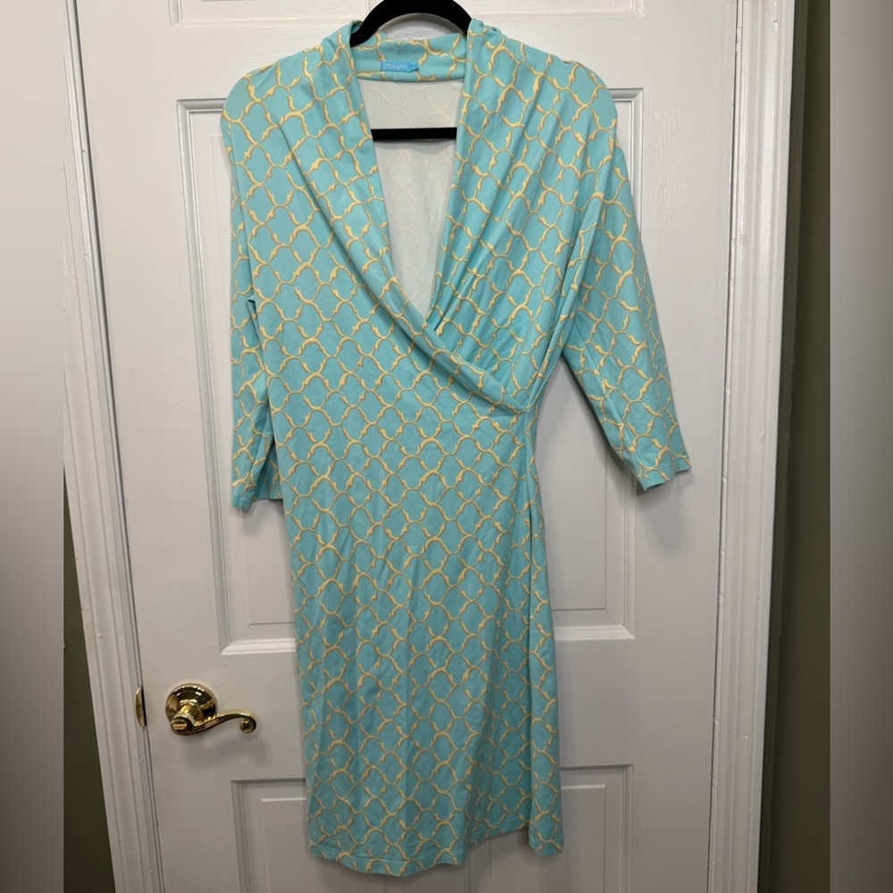 J. McLaughlin Faux Wrap Dress Aqua Yellow Trellis Print Stretch‎ Size Large